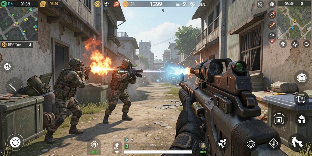 Screenshot gameplay 9399 yang intens dan mendebarkan dalam mode FPS.