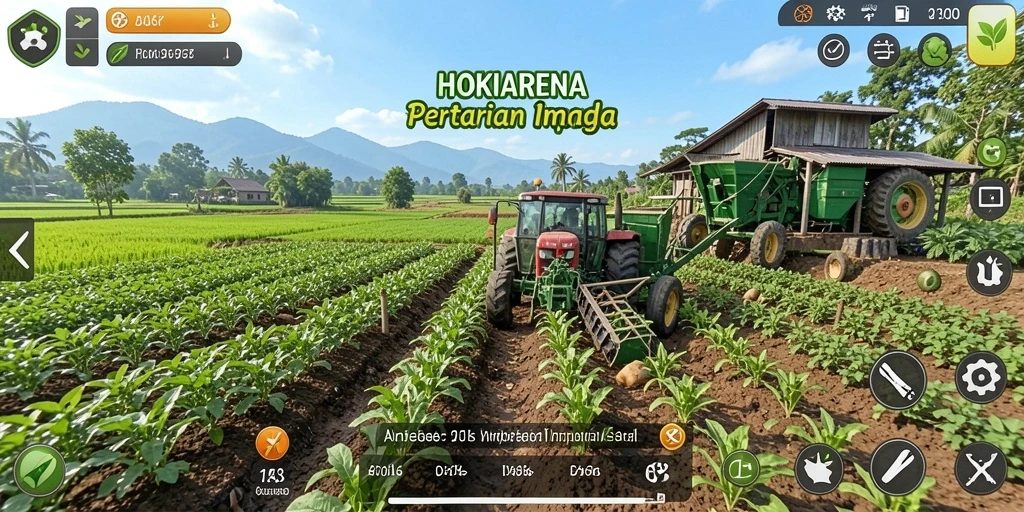 Screenshot gameplay HOKIARENA yang menunjukkan ladang yang subur dan hewan ternak.