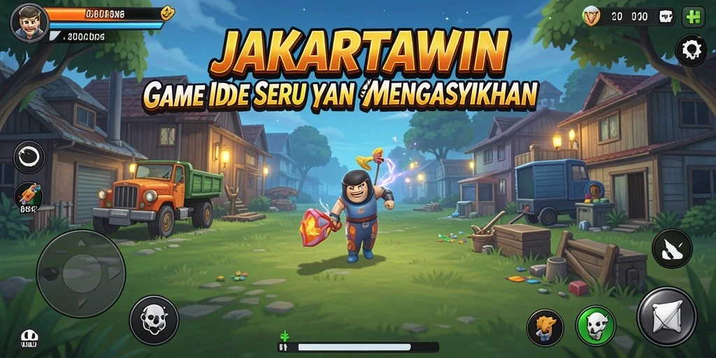 Tampilan gameplay JAKARTAWIN dengan karakter yang mengumpulkan sumber daya.