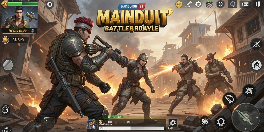 Tangkapan layar utama MAINDUIT menampilkan aksi Battle Royale yang mendebarkan.