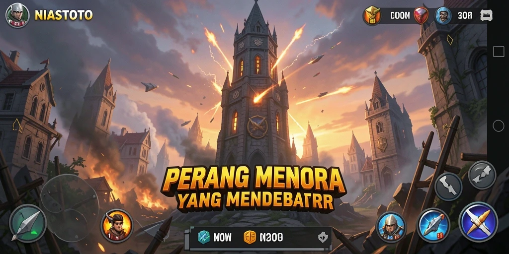 Screenshot gameplay NIASTOTO menampilkan aksi menara bertahan yang dinamis.