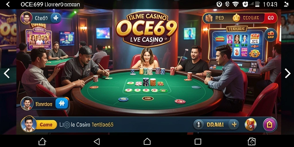 Screenshot OCE69 menampilkan dealer yang profesional dan interaksi langsung dengan pemain.