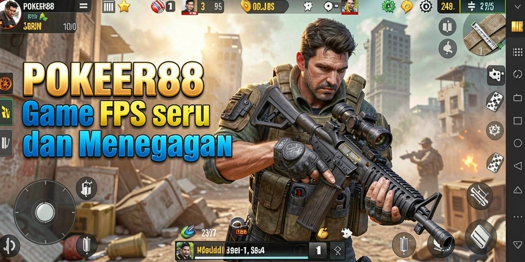 Screenshot utama POKER88 menampilkan adegan aksi FPS yang mendebarkan.