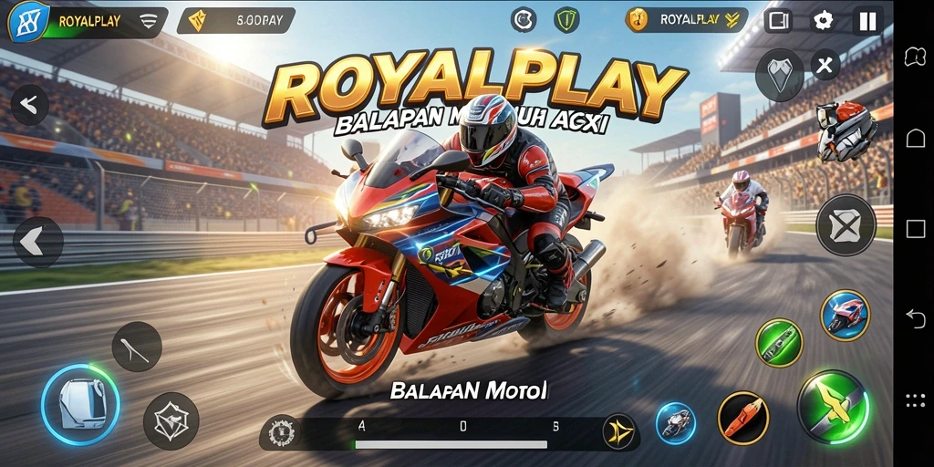 Tangkapan layar gameplay ROYALPLAY menampilkan aksi balapan motor yang seru.