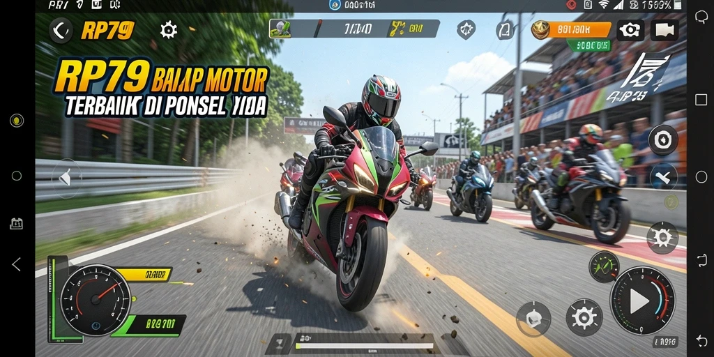 Screenshot RP79 menampilkan aksi balap motor yang mendebarkan di trek.