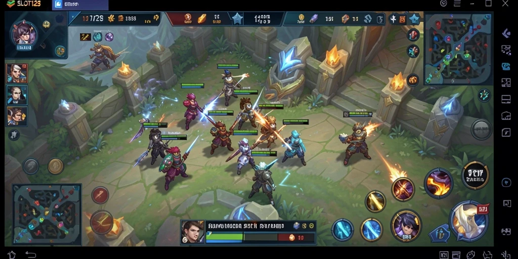 Tampilan screenshot utama SLOT123 dengan aksi pertarungan MOBA yang seru.