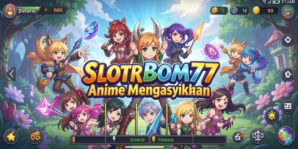 Screenshot menampilkan gameplay SLOTBOM77 dengan karakter anime yang dinamis.