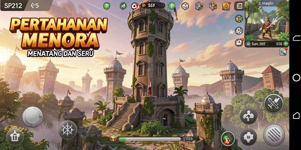 Tangkapan layar utama SP212 menampilkan aksi pertahanan menara yang intens.