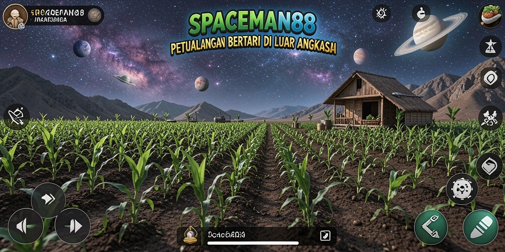 Tampilan colorful gameplay dalam SPACEMAN88 saat bertani di luar angkasa.