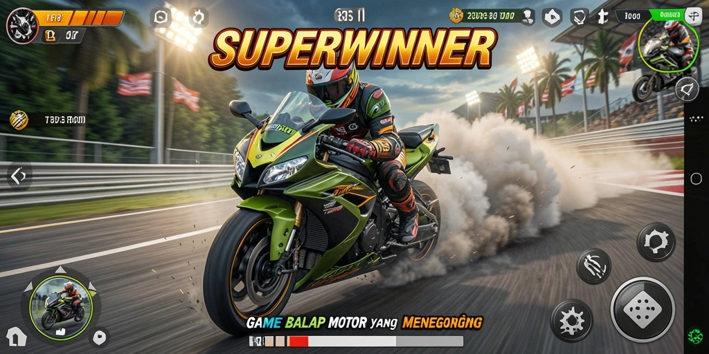 Tampilan gameplay SUPERWINNER yang mendebarkan dalam balapan motor.