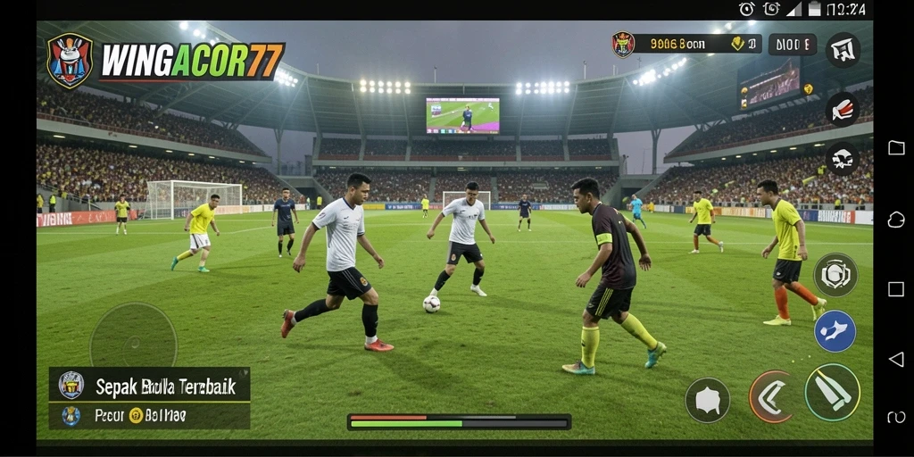 Screenshot gameplay WINGACOR77 dengan aksi seru di lapangan sepak bola.